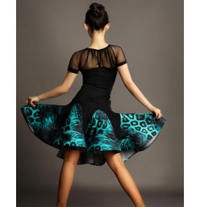 Blue turquoise red leopard printed short sleeves women's ladies female competition performance ballroom tango latin dance dresses sets